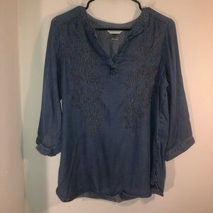 Christopher & Banks Denim Blue Blouse with Floral Embroidery Tunic Top Womens MP
